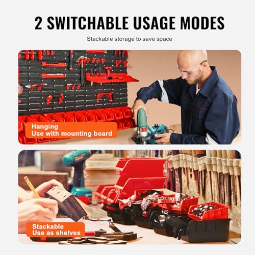 VEVOR Wall Mounted Storage Rack System, 30-Bin Parts Rack Organizer with Wall Panels/Tool Holders/Hooks, Garage Plastic Shop Tool Organizer for Nuts, Bolts, Screws, Nails, Beads, Buttons - style: 30-Bins with Tool Holders