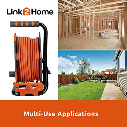 Link2Home Cord Reel 80 ft. Extension Cord 4 Power Outlets – 14 AWG SJTW Cable. Heavy Duty High Visibility Power Cord. - size: 80 ft