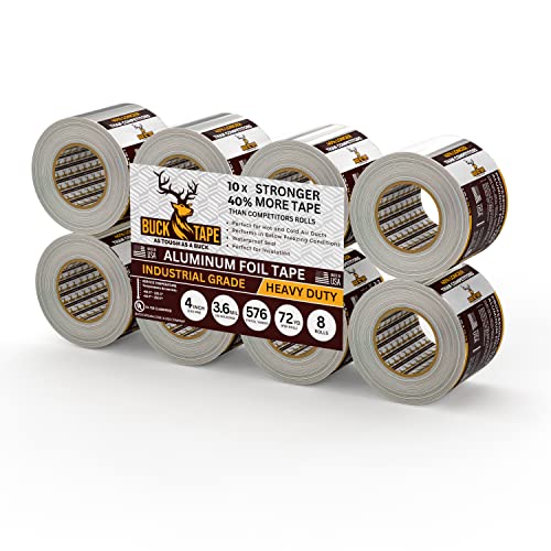 8 Pack Buck Aluminum Foil Tape – 4 Inch x 216ft (72 yd), 3.6 Mil – HVAC Tape for Ductwork, AC, Dryer Vents & Insulation – Silver Foil Tape for Metal Repair, Exhaust Sealing & Air Conditioning - size: 4 Inch, style: 8 Pack