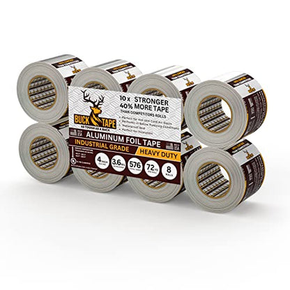 8 Pack Buck Aluminum Foil Tape – 4 Inch x 216ft (72 yd), 3.6 Mil – HVAC Tape for Ductwork, AC, Dryer Vents & Insulation – Silver Foil Tape for Metal Repair, Exhaust Sealing & Air Conditioning - size: 4 Inch, style: 8 Pack