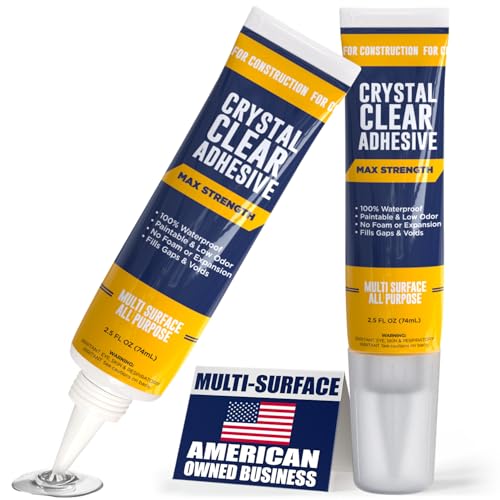 [2-Pack] Clear Construction Adhesive, Max Strength — 2.5 oz Crystal Clear Fast-Drying Waterproof Glue & Sealer for Wood, Tile, Metal, Concrete, Glass & More, Multi-Surface DIY Repair, American Owned