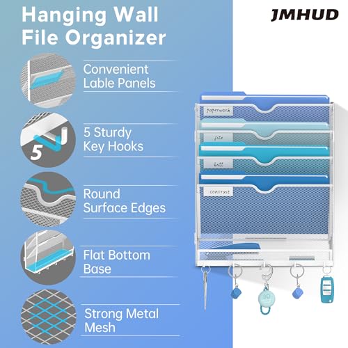 5 Tier Wall File Organizer - Hanging File Organizer with 5 Hooks, Mail Holder Wall Mounted for Papers, Folders, Magazines, Bills, Office&School Organization, White - size: 5 Tier-White