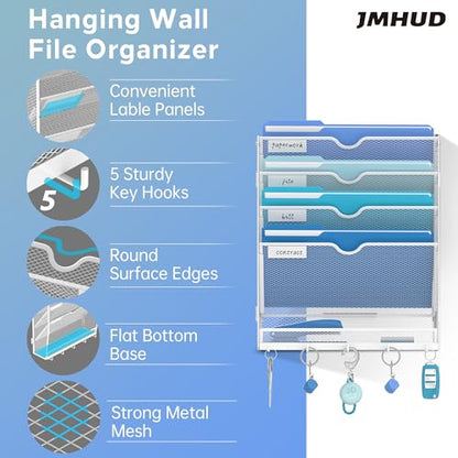 5 Tier Wall File Organizer - Hanging File Organizer with 5 Hooks, Mail Holder Wall Mounted for Papers, Folders, Magazines, Bills, Office&School Organization, White - size: 5 Tier-White