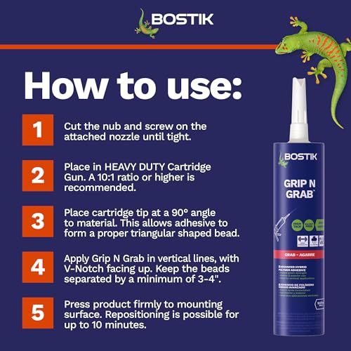 BOSTIK Grip n Grab 9.5oz Instant Grab Premium Heavy Duty Adhesive Glue | Professional Grade | Internal External Waterproof Low Odor Fast Cure | Wood Concrete Drywall Metal & More | 1 Cartridge
