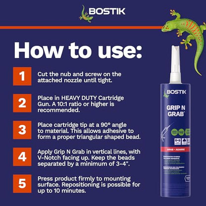 BOSTIK Grip n Grab 9.5oz Instant Grab Premium Heavy Duty Adhesive Glue | Professional Grade | Internal External Waterproof Low Odor Fast Cure | Wood Concrete Drywall Metal & More | 1 Cartridge