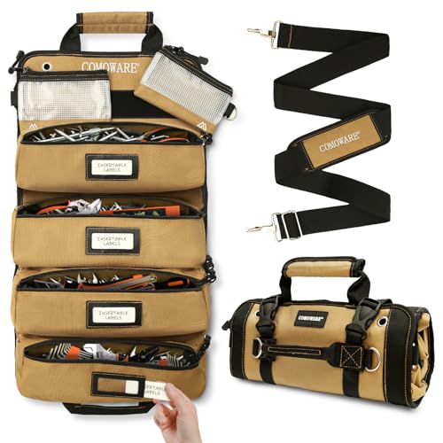 COMOWARE Roll Up Tool Bag, 600D Oxford PVC Coated Tool Organizer with 11 Pouches, 5 Exterior Wrench Pockets & Adjustable 51.2" Shoulder Strap for Mechanics, Plumbers, Camping, Motorcycle - color: Khaki-RollUp