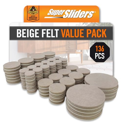 Super Sliders Gorilla Glue Assorted Felt Furniture Sliders for Hard Surfaces, Noise-Reducing Adhesive Furniture Moving Pads with Gorilla Glue Technology (136, Beige) - color: Beige