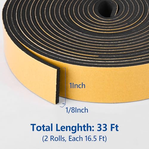 Kikerike Self Adhesive Foam Tape Weatherstrip 1in x 1/8in x 33Ft High Density Foam Insulation Strips Foam Seal Weather Stripping with Strong Adhesive for Door and Window Sound Isolation Soundproofing - size: 1in x 1/8in x 33Ft