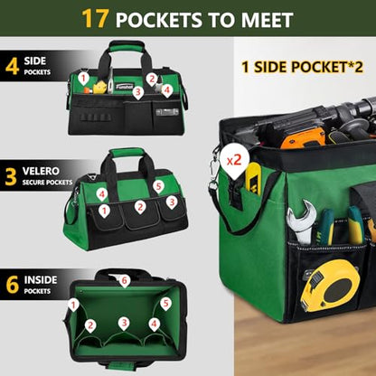 Tool Bag,Gifts for Men Dad Husband Him Christmas 18 Inch Heavy Duty Tool Bags With Wide Mouth and Adjustable Shoulder Strap Ideal for DIY Enthusiasts,Home Repairs,Craftsmen and Electricians - size: 18"L x 9"W x 10"H