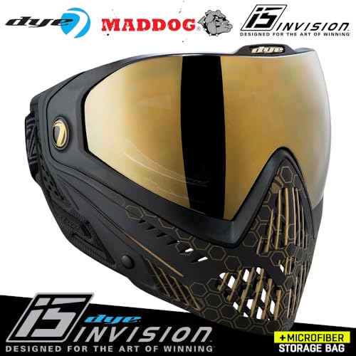 Maddog Dye i5 Thermal Anti-Fog Paintball Airsoft Mask Goggle System Combo with Microfiber Bag | Safety Certified Protection - color: Hypercam Black/Gold Fade
