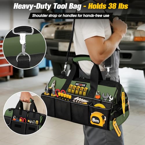 16-Inch Heavy Duty Tool Bag, 19-Pockets Tool Box Organizer, Portable Toolbag W/Soft Handle for Organized Storage, Mechanic Gifts for Men Dad Husband Fathers Day, Wide Mouth Electrician Toolbox, Green - style: Handle-Green