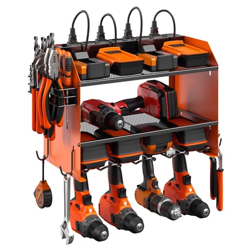 CCCEI Modular Power Tool Organizer Wall Mount with Charging Station. Garage Drill Storage Shelf with Hooks, Heavy Duty Rack, Tool Battery Holder Built in 8 Outlet. Gift for Men. Orange, 1 Pack. - color: F_Orange