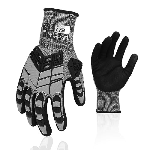 Safety Work Gloves, Impact Gloves for Men Women, Cut Resistant Non-Slip Heavy Duty Gloves with Nitrile Grip, Touch Screen Glove with Impact Protection for Mechanic Construction, Large, Grey - color: Grey, size: Large