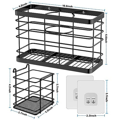 Hair Tool Organizer - Black Steel Wall Mounted Hair Dryer Holder with Removable Basket, 10.62"L x 4.33"W x 6.69"H, Ideal for Small Bathrooms - color: Black-plus
