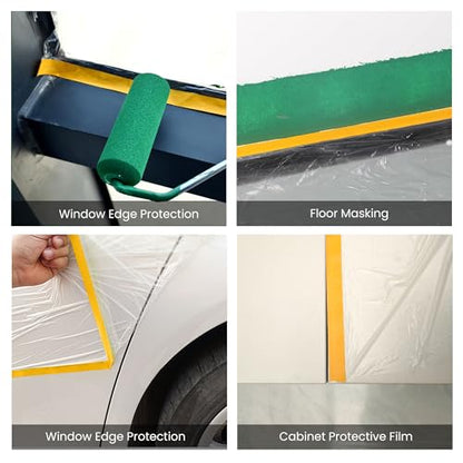 Voomey Pre-Taped Masking Film with Dispenser, Painters Tape with Plastic Attached, Automotive Painters Tape and Drape for Appliances, Furniture, Wood Surfaces & DIY Projects - 1ft x 82ft - size: 550mm*25m, style: Dispenser System