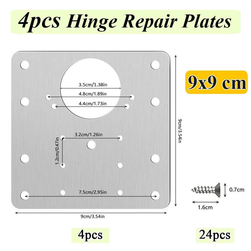 4pack Hinge Repair Plates, Cupboard Door Hinge Replacement Plate Kit with 24pcs Screw, Flat Stainless Steel Kitchen Cabinet Fixing Joining Wardrobe Mending Bracket with Holes, 9x9cm, Silver - color: 4pcs 9x9cm