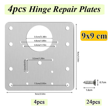 4pack Hinge Repair Plates, Cupboard Door Hinge Replacement Plate Kit with 24pcs Screw, Flat Stainless Steel Kitchen Cabinet Fixing Joining Wardrobe Mending Bracket with Holes, 9x9cm, Silver - color: 4pcs 9x9cm