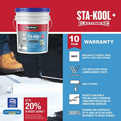 Gardner Sta-kool Elastomeric Roof Coating, White, RV Roof Coating 5 Gallon