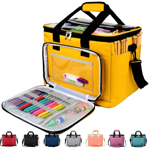 Hoshin Knitting Bag for Yarn Storage, High Capacity Yarn Totes Organizer with Inner Divider Portable for Carrying Project, Knitting Needles(up to 14”), Crochet Hooks, Skeins of Yarn (Yellow) - color: Yellow