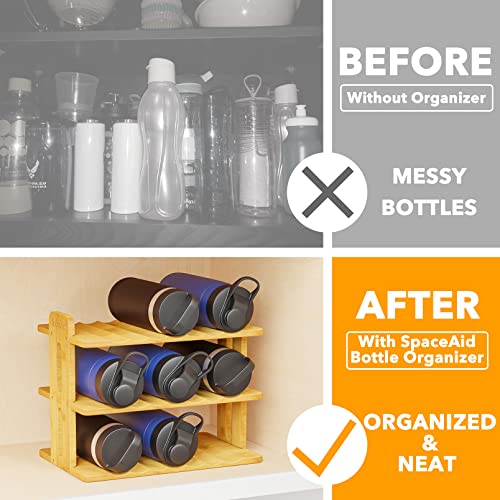 SpaceAid Bamboo Water Bottle Organizer with Labels, Kitchen Pantry Water Bottle Storage Rack for Cabinets, Home Cup and Wine Bottle Holder Shelf Organizers, (3-Tier, Hold 9 Bottles) - size: 3-Tier, 9 Bottles