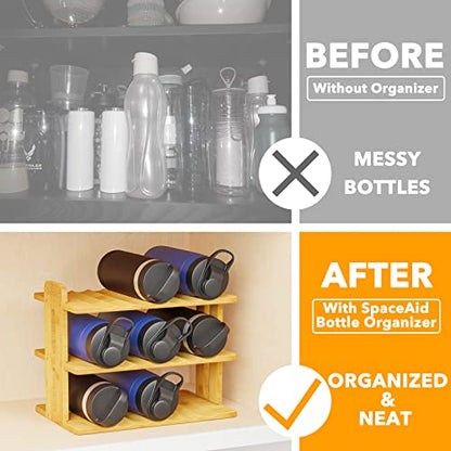 SpaceAid Bamboo Water Bottle Organizer with Labels, Kitchen Pantry Water Bottle Storage Rack for Cabinets, Home Cup and Wine Bottle Holder Shelf Organizers, (3-Tier, Hold 9 Bottles) - size: 3-Tier, 9 Bottles