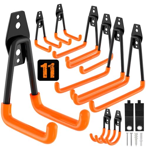 QcoQce 11 Pack Garage Hooks Heavy Duty with 2 Extension Cord Straps,Garage Storage Hooks, Wall Mount Hooks, Garage Organization and Tool Hangers for Bike, Ladder, Ropes and Garden Tools(Orange) - color: Orange, size: 11Pack