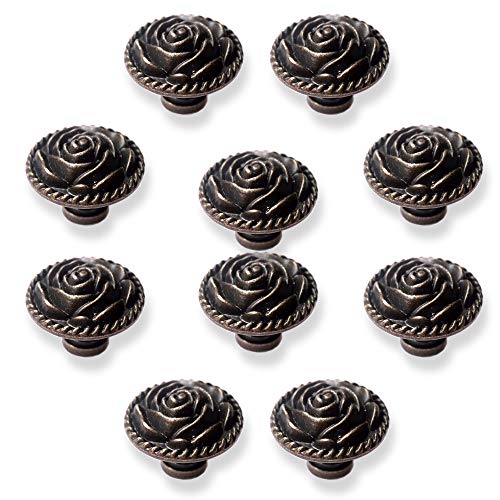 Bronze Vintage Dresser Knobs Antique Round Dresser Door Pull Zinc Alloy Rose Cabinet Knobs Metal Flower Drawer Handles with 3 Sized Screws for Furniture Cupboard Closet Wardrobe (10 Pack) - size: 10 Pack