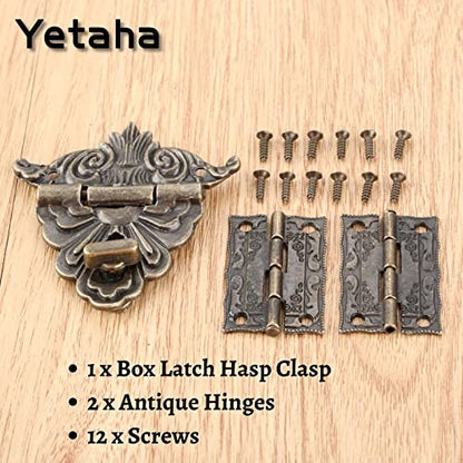 Yetaha 2Pcs Antique Hinge & 1 Pc Retro Style Padlock Lock Key, Latch Clasp Set Box Lock with 12 Screws for Decorative Jewelry Box Cabinets Doors Furniture Cases