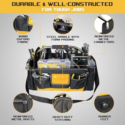 18 Inch Open Top Tool Bag, Tool Bags for Men with 30 Pockets, 1680D Waterproof Fabric, Foldable Electrician Tool Bag with Rotating Handle, Reflective Tool Organizer for Men, Yellow - color: Black-Yellow
