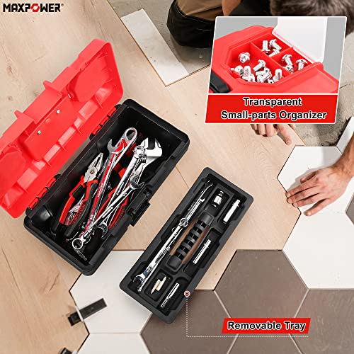 MAXPOWER Small Tool Box, 14-inch Plastic Tool Boxes with Handle, Removable Tray with Dual Lock Secured, Red Toolbox for Home - style: 14" red