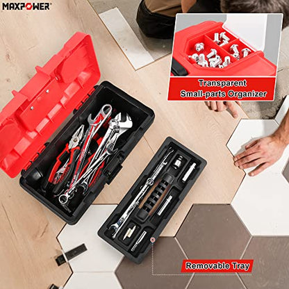 MAXPOWER Small Tool Box, 14-inch Plastic Tool Boxes with Handle, Removable Tray with Dual Lock Secured, Red Toolbox for Home - style: 14" red