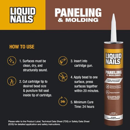 Liquid Nails 10 oz. Paneling & Molding Construction Adhesive (Low VOC), Off White/Tan (Pack of 4) - size: 10 Ounce (Pack of 4), style: Paneling & Molding