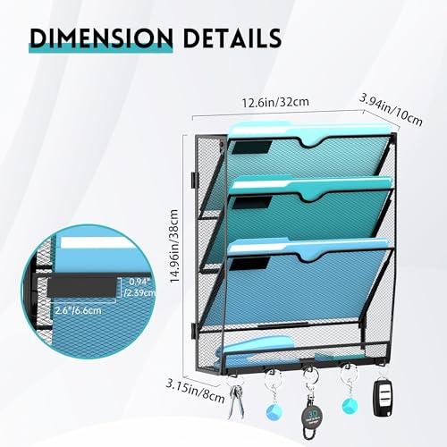 Wall File Organizer - Hanging File Organizer with 5 Hooks, Mail Holder Wall Mounted for Papers, Folders, Magazines, Bills, 4 Tier Office&School Organization, Black - size: 4 Tier-Black
