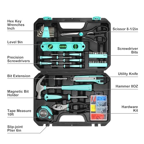 Amazon Basics 142-Piece Household Tool Kit for Home Repair, Hand Tools with Storage Case, 13.39 x 9.25 x 2.95 inch, Turquoise - color: Turquoise