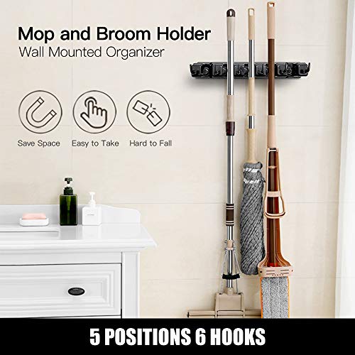 IMILLET 2 Pack Mop and Broom Holder, Wall Mounted Organizer Mop and Broom Storage Tool Rack with 5 Ball Slots and 6 Hooks (Black) - color: 2 Pack