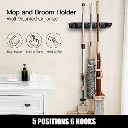 IMILLET 2 Pack Mop and Broom Holder, Wall Mounted Organizer Mop and Broom Storage Tool Rack with 5 Ball Slots and 6 Hooks (Black) - color: 2 Pack