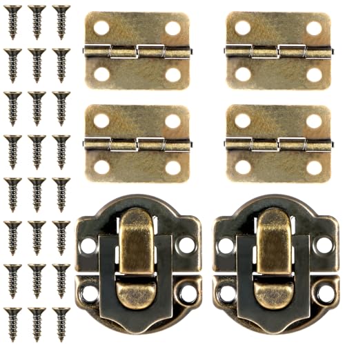 Antique Wooden Box Hinges and Latches with Matching Screws Retro Small Hinge Buckle Latch and Vintage Bronze Engraved Hinge for Decorative Cabinet Jewelry Box (2X Hasp Catch + 4X Hinges)