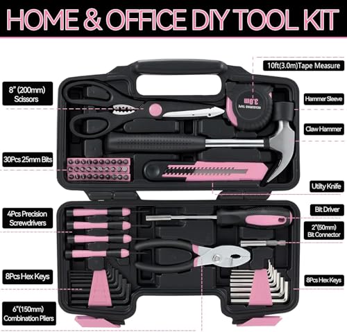 MARTCOLOR 58 Piece Household Tool Set, General Household Hand Tool Kit with Plastic Toolbox Storage Case, All Purpose Household Tool Kit for Women, Girls and Ladies, Pink - color: Pink
