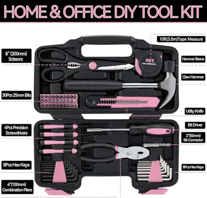 MARTCOLOR 58 Piece Household Tool Set, General Household Hand Tool Kit with Plastic Toolbox Storage Case, All Purpose Household Tool Kit for Women, Girls and Ladies, Pink - color: Pink
