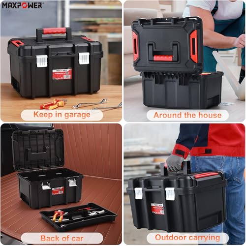 MAXPOWER 16 inch Plastic Tool Box, Black Deep Toolbox with Metal Latches and Removable Tray, Pack of 1 - style: 16" black