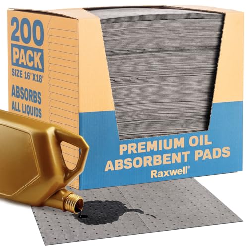 Raxwell Oil Absorbent Pads 200 Pack – 16” x 18” Heavy-Duty Spill Pads, 8-Layer Polypropylene, Dimpled & Perforated Universal Absorbent Sheets - Garage Floor Mat for Oil, Coolant, Water & Chemicals - size: 200 Count Case