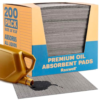 Raxwell Oil Absorbent Pads 200 Pack – 16” x 18” Heavy-Duty Spill Pads, 8-Layer Polypropylene, Dimpled & Perforated Universal Absorbent Sheets - Garage Floor Mat for Oil, Coolant, Water & Chemicals - size: 200 Count Case