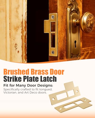 2 Pcs Brushed Brass Door Strike Plate Latch with Screws Solid Brass Replacement Latch Striker Keeper for Mortise, Striker, Keeper, 3-1/2" (3.5 Inch)