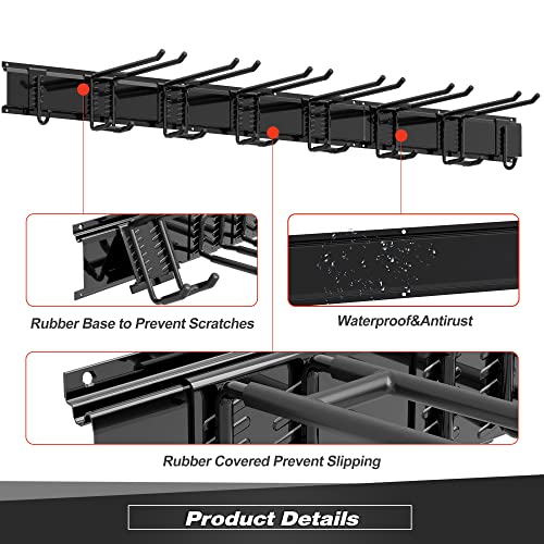 Storaboks Heavy Duty Garage Storage Rack System, Wall Mounted Tool Organizer with 8 Double Hooks, 3 Rails, Garden Yard Tools Hanger for Ski Gears, Broom, Rake, Shovel - size: 51inch 3 Panels+8 Hooks