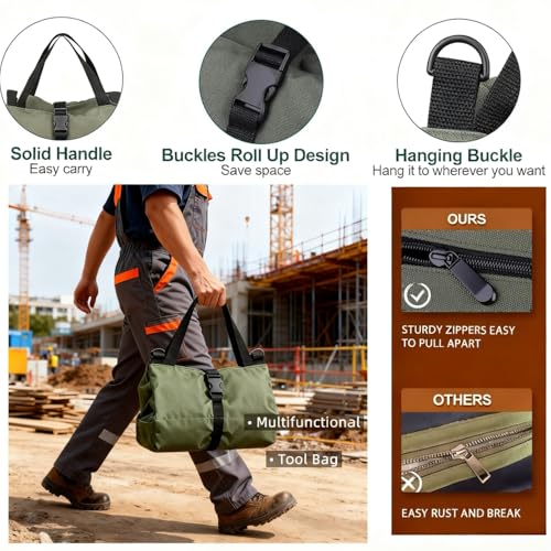Tool Bag Roll Up,Heavt Duty Tool Organizer Portable Tool Storage Bags Waterproof Oxford Cloth-Zipper Pouch for Men Mechanic, Electricians, Repairman, Green