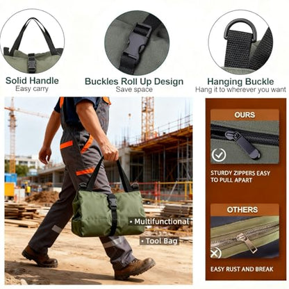 Tool Bag Roll Up,Heavt Duty Tool Organizer Portable Tool Storage Bags Waterproof Oxford Cloth-Zipper Pouch for Men Mechanic, Electricians, Repairman, Green