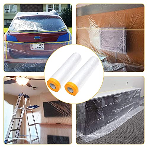 Pre-Taped Masking Film 13ft x 130ft Painters Plastic Sheeting Roll, Clear Plastic Sheeting Cover Plastics Drop Cloths for Painting, Automotive Appliance (2 Rolls, 65ft Per Roll)