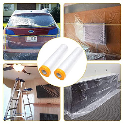 Pre-Taped Masking Film 13ft x 130ft Painters Plastic Sheeting Roll, Clear Plastic Sheeting Cover Plastics Drop Cloths for Painting, Automotive Appliance (2 Rolls, 65ft Per Roll)