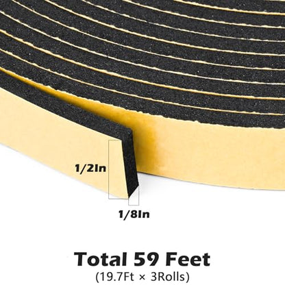 ToLanbbt Black Door Window Weather Stripping Self Adhesive Foam Tape High Density Foam Sealing Strip Window Insulation Weatherproof Gasket Tape 1/2" Wide X 1/8" Thick, 19.7 Ft X 3 Rolls, Total 59 Feet - color: Black, size: 1/2 In x 1/8 In x 59Ft