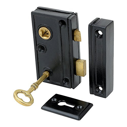 A29 Cast Iron Rim Lock Heavy Duty, Weather and Rust Resistant, Manual Latch for French & Screen Doors, Easy Install Hardware Included - Black Powder Coat Finish, Compact Size, 3.4 x 2.0", 1.4" Backset - style: Narrow Screen Door Rim Lock